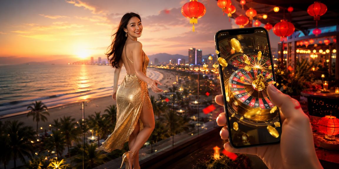 Thành viên VIP tại Đà Nẵng tham gia live casino trên điện thoại cạnh bãi biển buổi tối